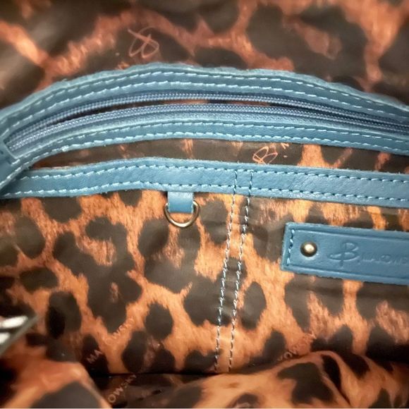 B Makowsky Teal Blue Leather Shoulder Bag w/ Studs + Leopard - Picture 4 of 10